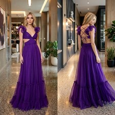 ​Mac Duggal Purple Cut-Out Ruffle Gown Chiffon Maxi Dress 70254 PUR Size 4 NEW