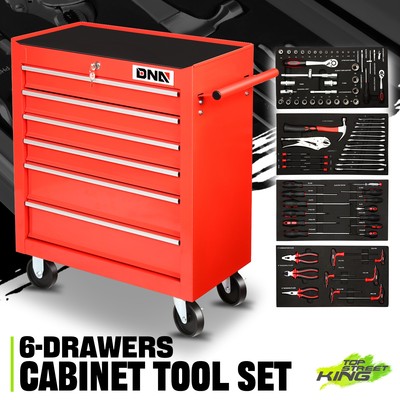 6 Drawer Rolling Tool Trolley Cabinet w/ Locker+Key+Casters Multiple Storage Red
