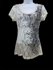Vanity Shirt Womens Large White Black Sheer Lace Floral Short Sleeve Y2K Top