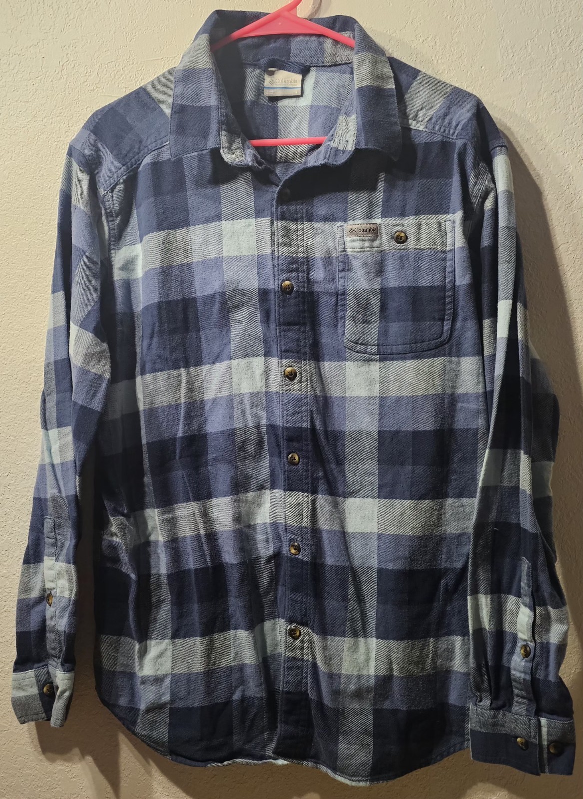 Columbia Men’s Cornell Woods Flannel Shirt Blue Plaid Long Sleeve Stretch Large