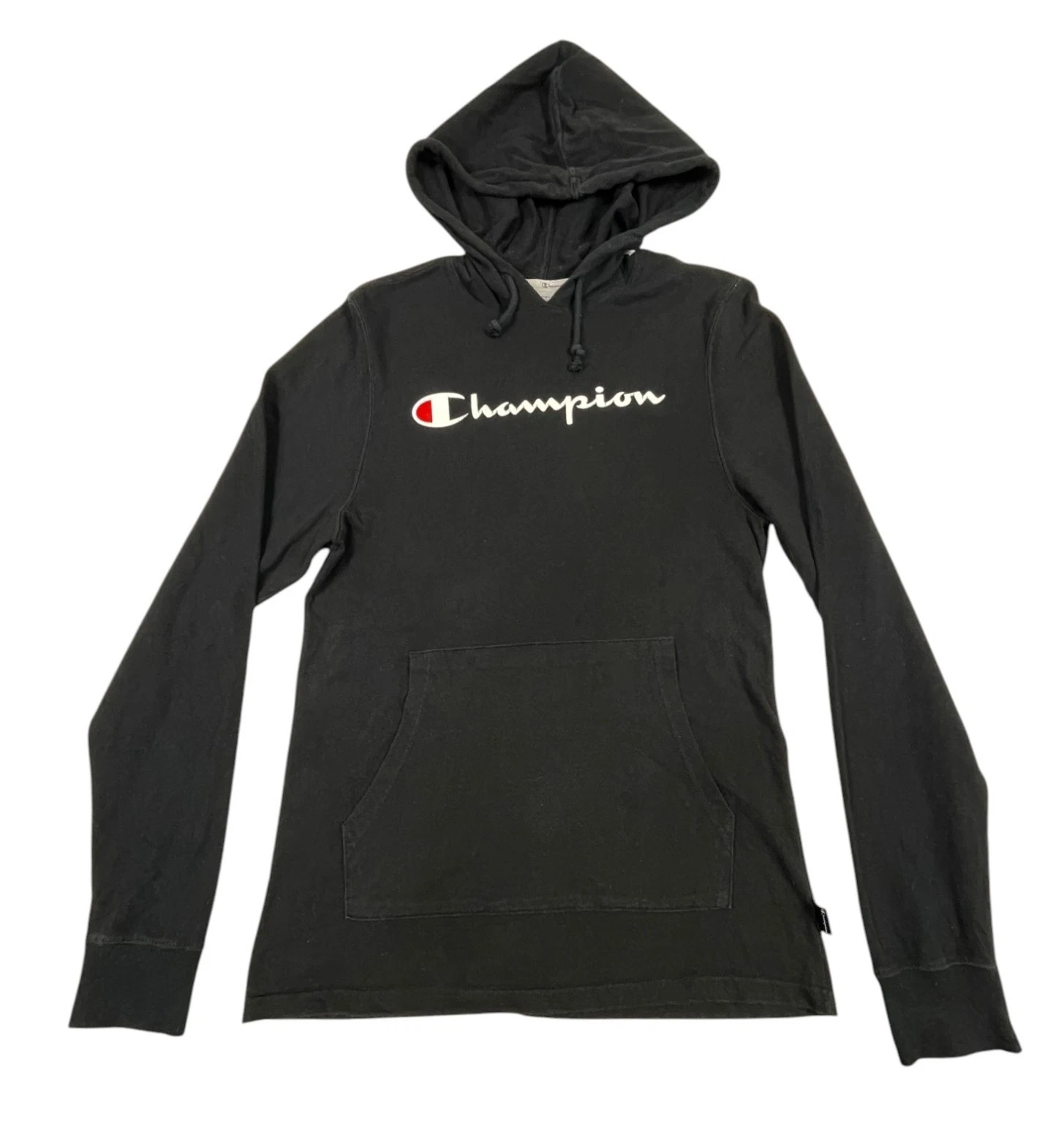 CHAMPION Hoodie Jumper Thin Lightweight Logo Fleece Pockets Unisex Black Size S