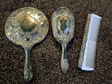 Silver Plated 3 Piece Comb Brush Mirror Vanity Set Ornate Vintage antique