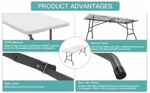 6FT Plastic Folding Table, Portable Dining Table Indoor Outdoor - Picture 12 of 13