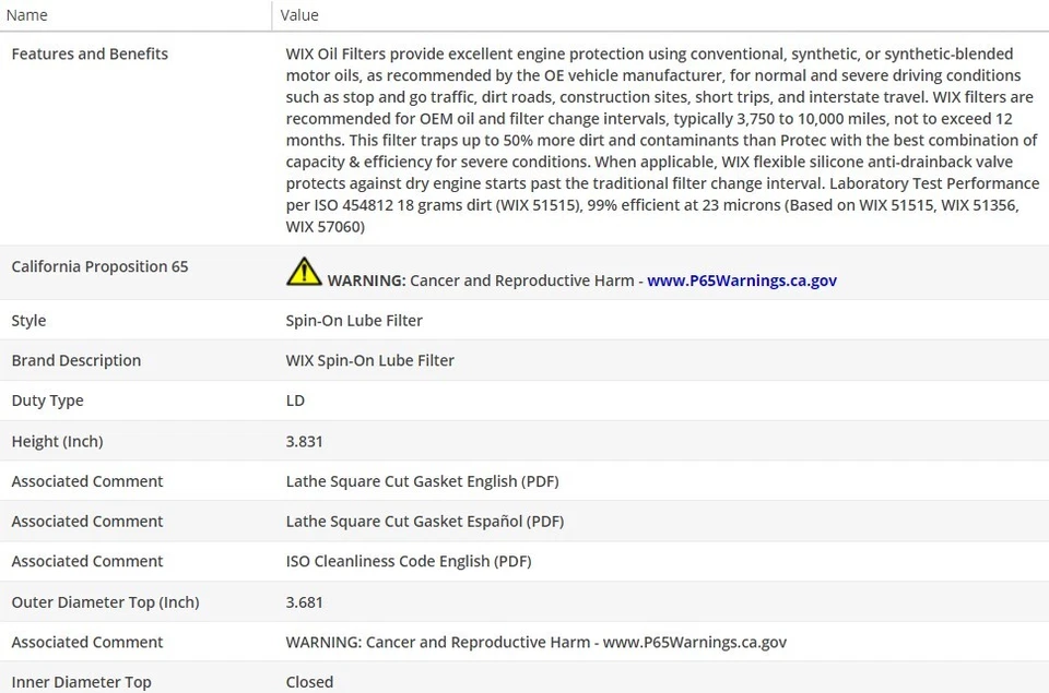 Filtro de aceite de motor OEM WIX para SRT VIPER 2013-2014 V10-8,4 L Foto 3 de 4