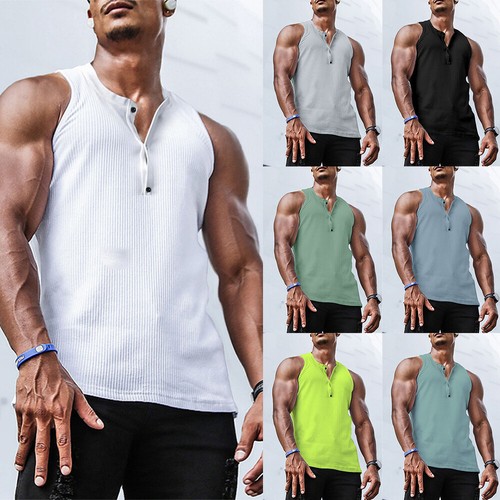 Men's Summer Sleeveless Vest Tank Top Button Collar Sports Shirt Fitness Bib Tee