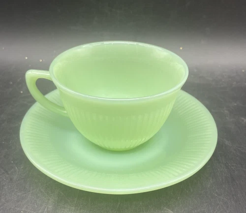 1950's Fire King Jadeite Green Ribbed Coffee Tea Cup & Saucer, Jane Ray