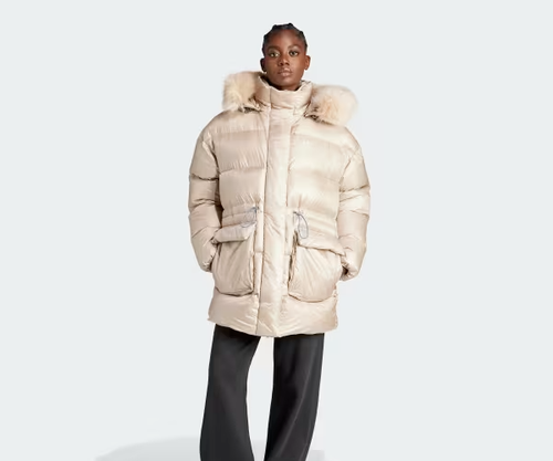 adidas women's Puffed Long Fur Jacket Size Large New Beige IR7116 - Picture 5 of 14