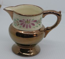 VINTAGE ENGLISH COPPER LUSTER POTTERY CREAMER, PITCHER w HAND PAINTED FLOWERS