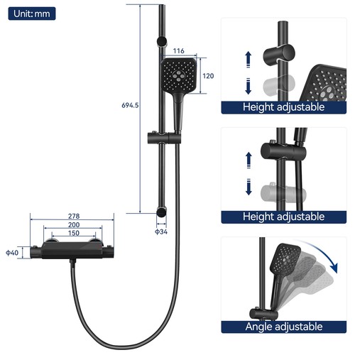 Set doccia 3 getti nero rubinetto termostatico ripiano asta doccia ripiano - Foto 6 di 13