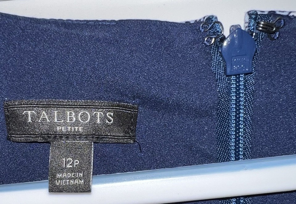 Talbots blue and navy paisley print square neck sateen cotton pencil