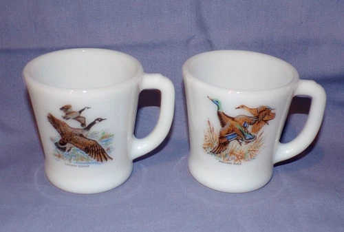 VTG Lot 2 Fire King Oven Ware White Glass Coffee Tea Mug Cup Birds Mallard Duck