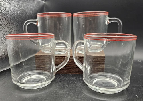 Set of 4 Vintage ARCOROC FRANCE CLASSIQUE CLEAR GLASS COFFEE TEA CUP RED LINES