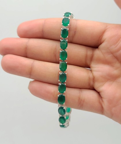 Bracciale Tennis Fatto a Mano Onice Verde 5X7 MM Taglio Ovale Argento Sterling 925 - Foto 8 di 11