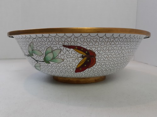 Vintage Antique Chinese Cloisonne 10" Enamel & Brass Floral Butterfly Motif Bowl - Picture 6 of 10