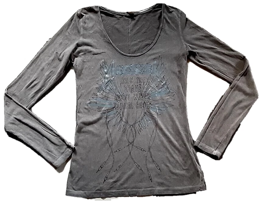 Diesel Women's Gray T-shirt with inscriptions Long sleeves Decollete Size S