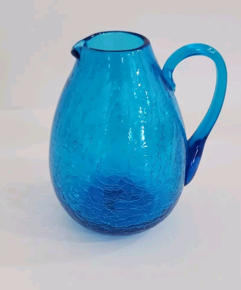 Vintage Blue Crackle Glass Mini Pitcher Bud Vase Applied Handle Approx 3.5”H