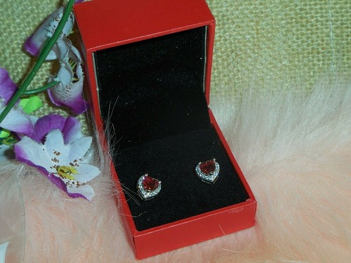 Silver Halo Red Heart Cubic Zirconia Stud Earrings ~ New - Picture 4 of 6