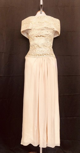 80s Vintage Paul Louis Orrier Paris Silk Metallic Brocade Party Dress Nude Gold - Picture 4 of 7