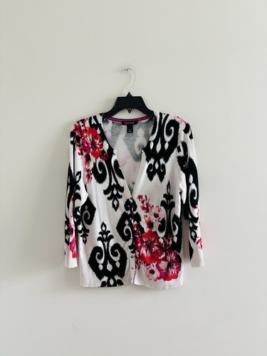 White House Black Market Cardigan Sweater Floral Soft Knit Womens L Retro Office