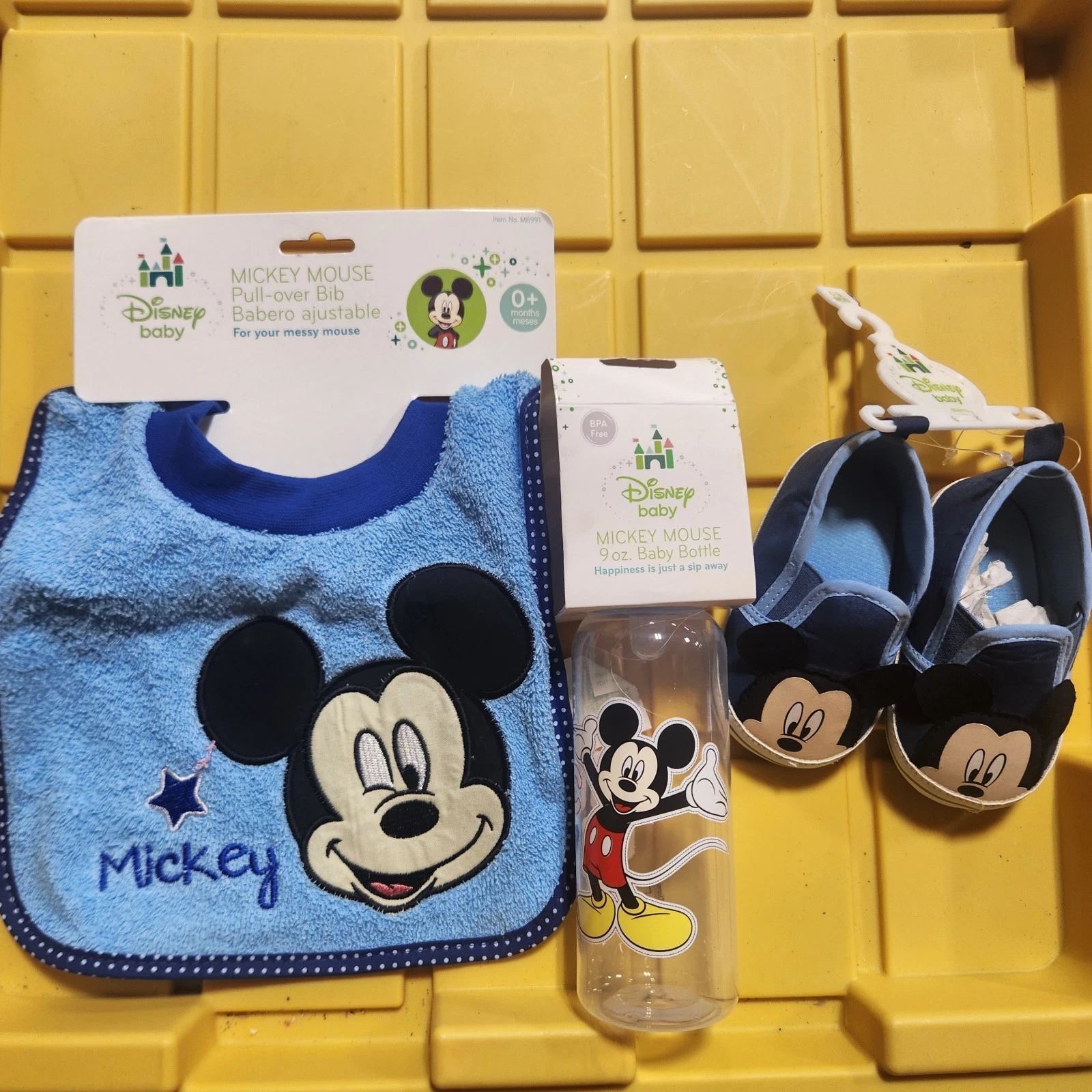 Disney Baby Mickey Mouse Lot New Shoes,bib,bottle H67