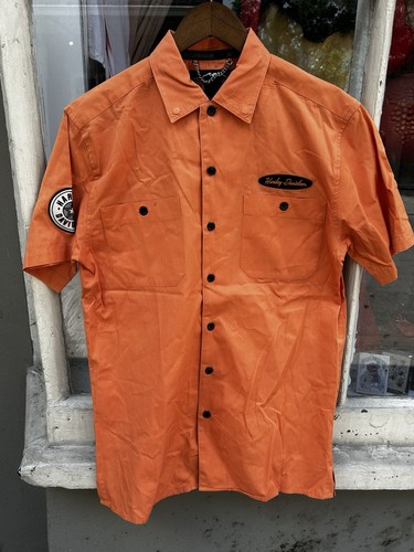HARLEY DAVIDSON ORANGE BUTTON UP COLLARED MOTORCYCLE SHIRT SMALL- 20 X 29