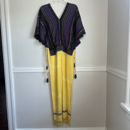 Buntes Baumwoll Kaftan Maxikleid mit Fransen Saum Boho Festival Hippie Rasta - Bild 2 von 14