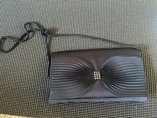 Le Regale Black Satin Clutch Pleated Rhinestone Detachable Strap Lined Pockets