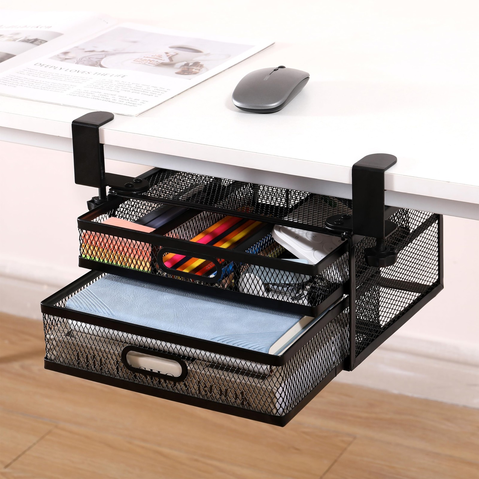 ROLIZOE Sliding Under Desk Drawer Organizer No Drilling 2 Drawers Slide Black 