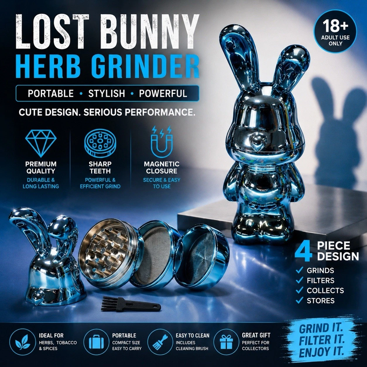 🐰Lost Bunny Herb Grinder🔥Blue Metallic 4 Piece Spice Crusher🔥Grinder w/Brush