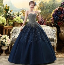 Navy Strapless Beaded Ball Gown Sleeveless Quinceanera Formal Evening Dresses