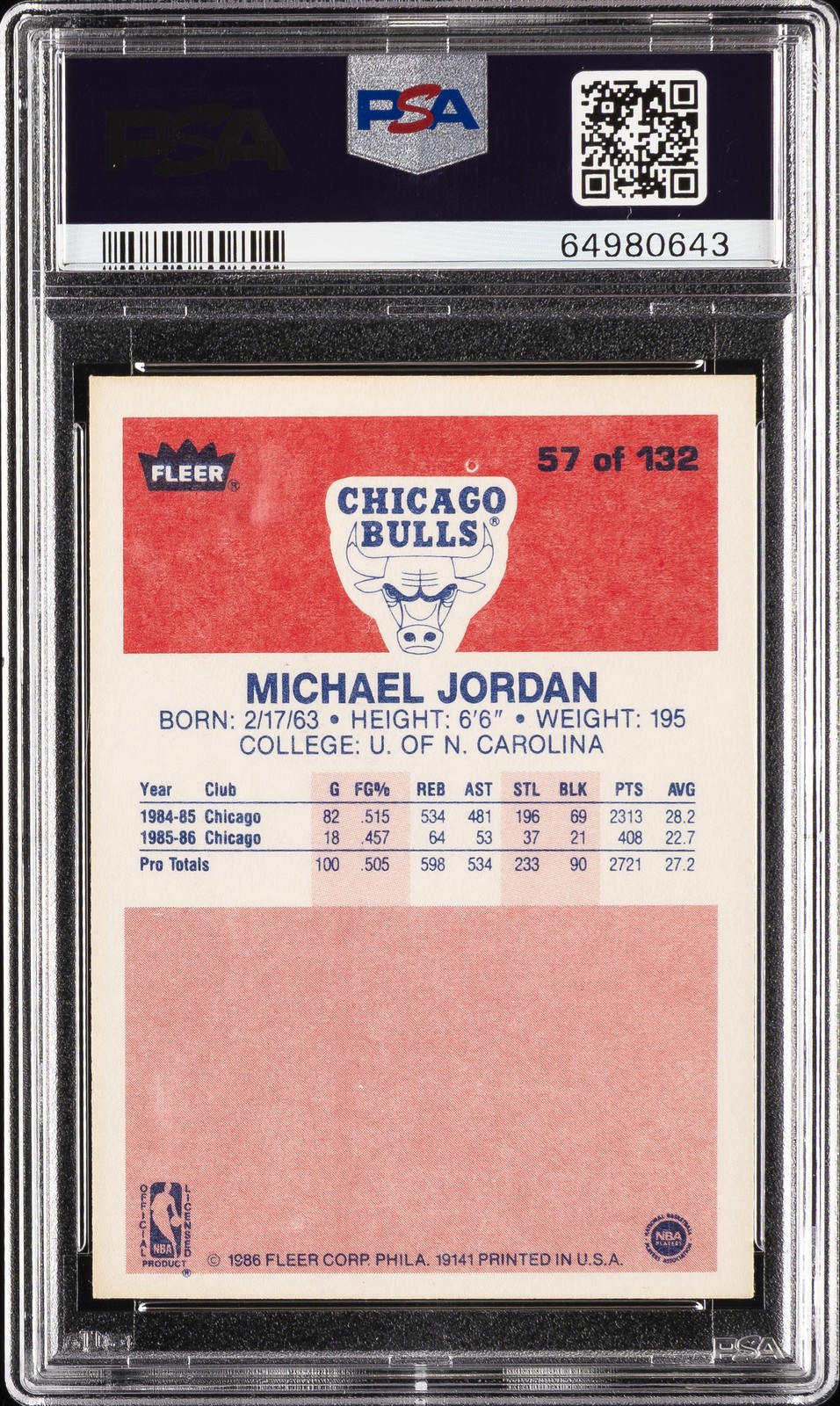 1986 FLEER #57 MICHAEL JORDAN ROOKIE RC PSA 6 view 2