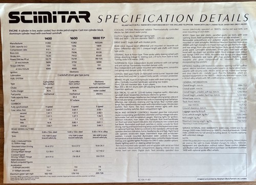 Reliant Scimitar SS1 1987-88 UK Market Single Sheet Brochure 1800 Ti 1600 1400 - Picture 2 of 2