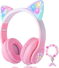 Cat Ear Kids Headphones Bluetooth, LED Light up Wireless/Wired Mode over Ear ...