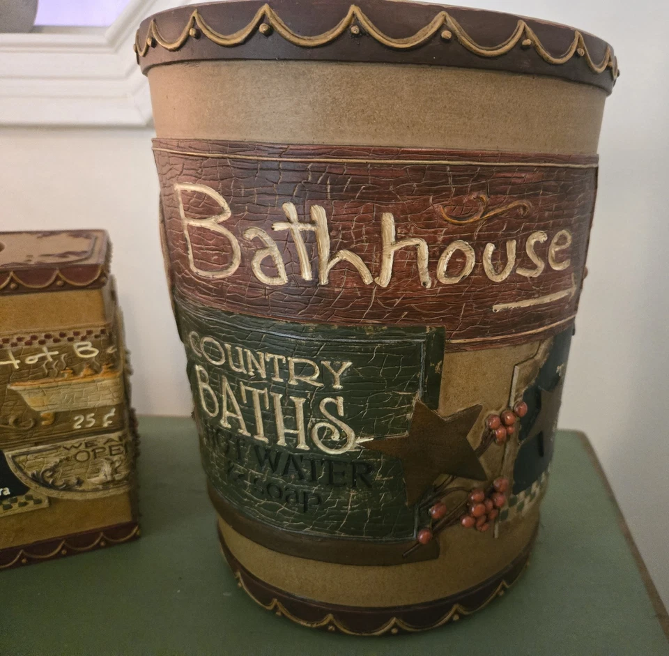 Juego de baño country/primitive. Bote de basura, soporte para pañuelos, soporte para cepillo de dientes,... Foto 2 de 4