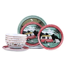 Melamine Dinnerware Sets, 12pcs Plates and Bowls Sets, Service for 4, red car