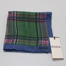 Roda NWT Wool/Cotton/Silk Pocket Square In Green w/ Blue, Pink Brown Plaid