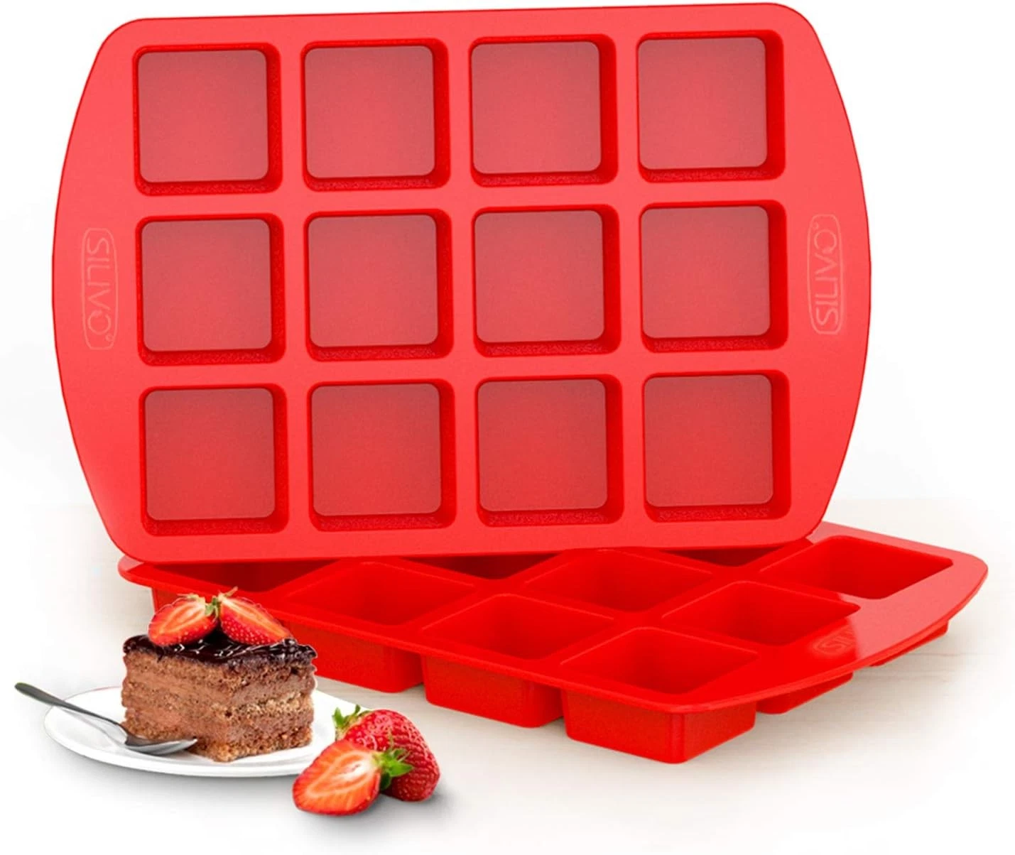SILIVO Silicone Brownie Pan with Dividers - 2 Pack 12-Cavity 12 Cup, Red