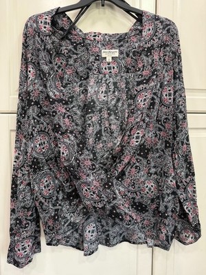 Norm Thompson Womens Plus Size 3X Paisley Print Long Sleeve Blouse Black & Red