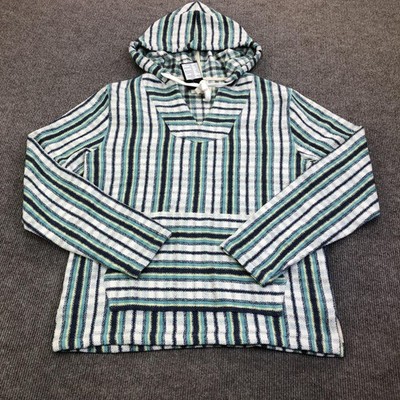 Lucky Brand Hoodie Sweatshirt Mens Medium Blue Knit Pullover Baja Stripe Beach