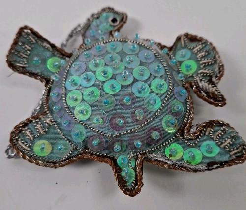 Beaded Sequined Plush Blue Christmas Ornaments - 4 Sea Turtles - Picture 5 of 9