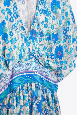 zahara blue and white floral print midi dress Zahara White and Orange Floral Print Midi Dress