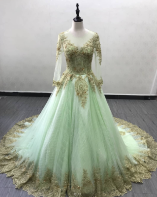 Light Green Wedding Dresses Long Sleeves Backless A Line Glitters Bridal  Gowns | eBay