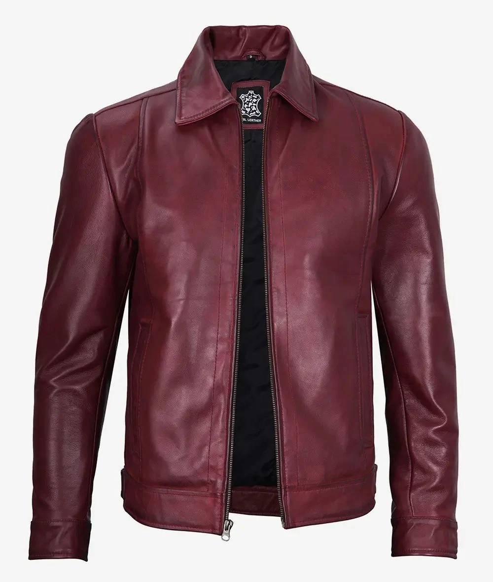 Men's New Stylish Moto Race Biker Bomber Genuine Sheepskin Maroon Leather Jacket