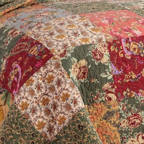 NEW! ~ CHIC COUNTRY ROMANTIC GREEN PINK RED MAROON BURGUNDY RED FLORAL QUILT SET - Picture 3 of 4