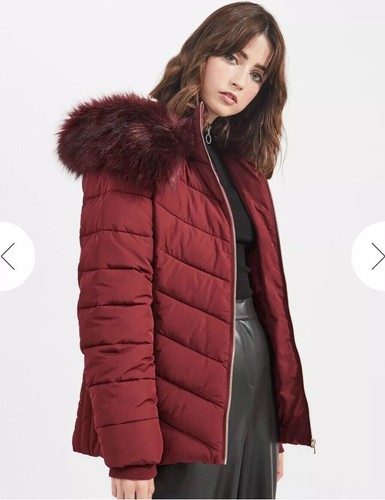 Miss Selfridge Burgundy Faux Fur Hood Puffer chevron Jacket Size 10