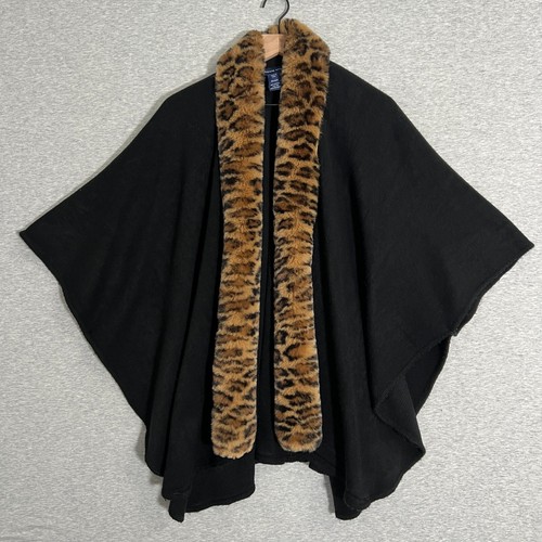 Adrienne Vittadini Cape Coat Wrap Womens Faux Fur Leopard Luxe Boho Penny Lane