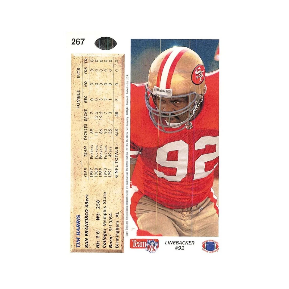 Tim Harris 1992 Upper Deck #267 San Francisco 49ers Football Card NM - Image 2 of 3