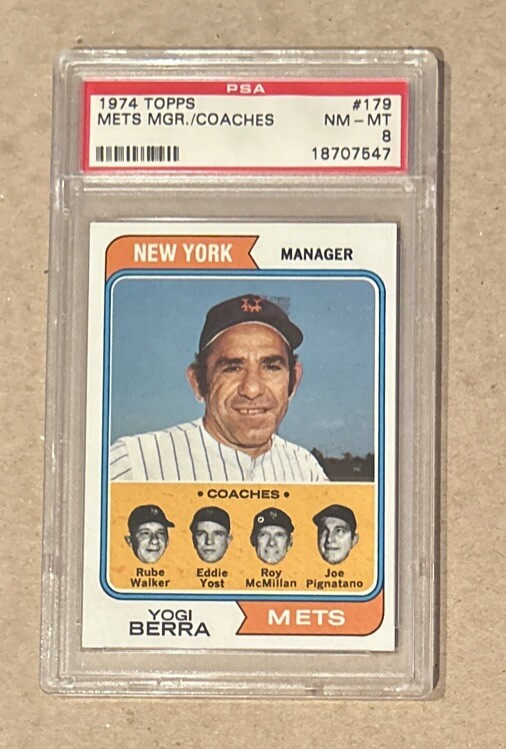 1974 Topps Baseball Yogi Berra New York Mets Card #179 PSA 8