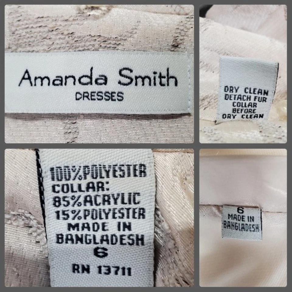 Vtg Womens Dress 6 Beige Jackie O Brocade Long Jacket Plush Collar Special Look - Image 4 of 4