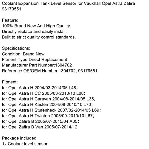 Coolant Expansion Tank Level Sensor for Vauxhall Opel Astra Zafira 93179551 U8 - Picture 8 of 11